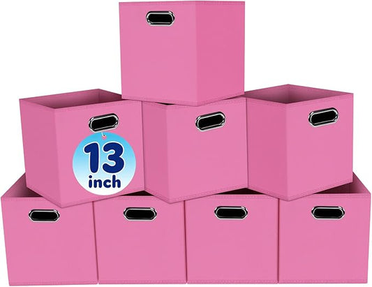 Fabric Cubby Storage Bins,13x13x13 Inches,Cube Organizer Bin Foldable Storage Boxes with Dual Handles Fabric Organizer Box and collapsible Storage basket,Set of 8,Pink