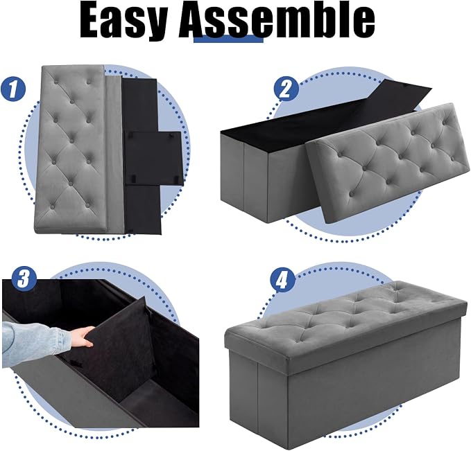 BRIAN & DANY 43 Inches Folding Storage Ottoman Bench, Velvet Ottoman with Storage for Living Room, Bedroom, Entryway, Ottoman Foot Rest, End of Bed Bench (Gray)