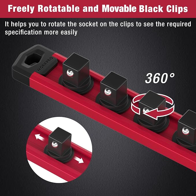 WORKPRO Magnetic Socket Organizer Set, 3-Piece 1/4” 3/8” 1/2” Socket Rails | 1/4-Inch x 12 Clips, 3/8-Inch x 10 Clips, 1/2-Inch x 10 Clips, Aluminum Alloy, Rotatable & Movable Clips, Efficient Storage
