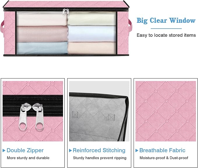 HomeHacks 10-Pack Clothes Organizer Storage Bags, 35L Storage Bins, Pink | Foldable Storage Box Container with Zippers, Clear Window, Reinforced Handles for Closet, Dorm, Pillows, Bedding, Sweater