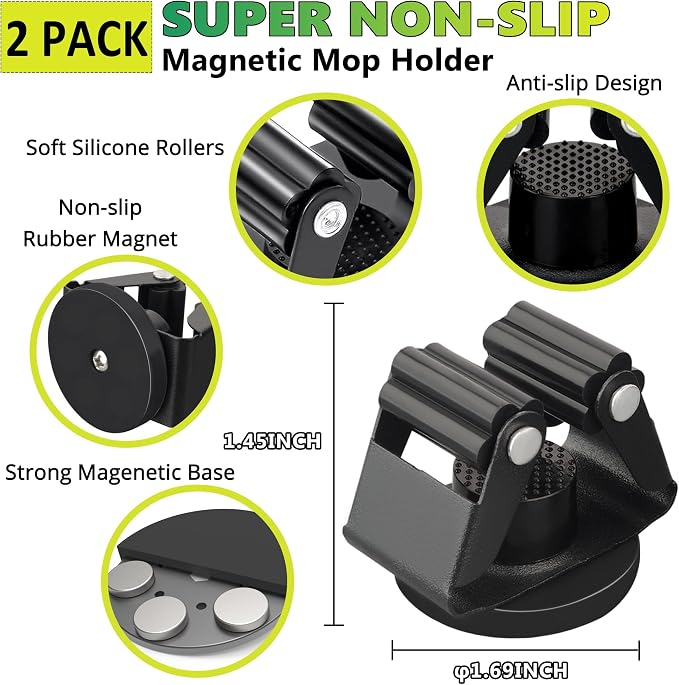 ULIBERMAGNET Magnetic Mop Broom Holder,Heavy Duty Movable Magnetic Broom Holder Rack,Anti-slip Wall Mounted Utility Storage Mop Shovel Gripper Hanger for Garage, Kitchen, Laundry, Garden(2 Pack/Black)