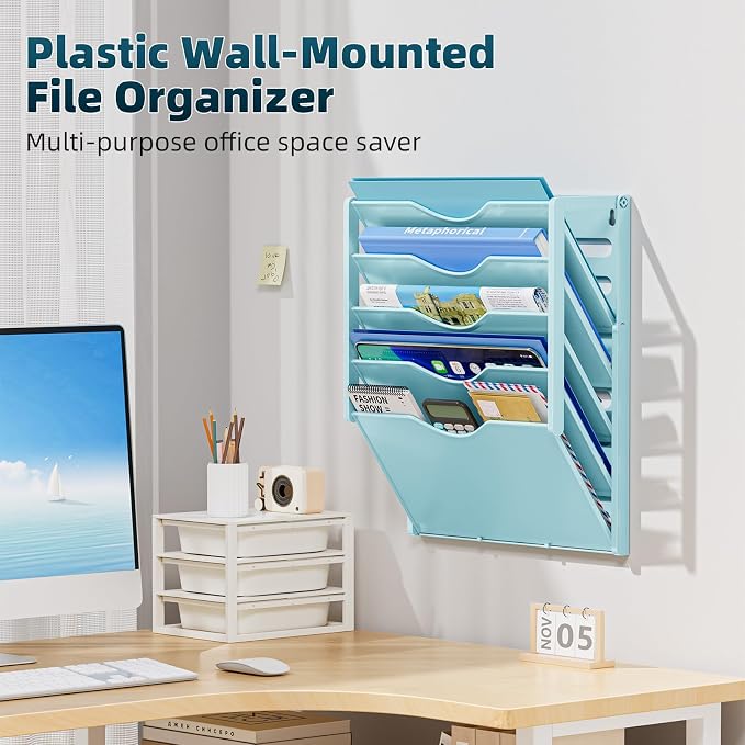 Marbrasse 5 Tier Wall File Organizer, Plastic Hanging File Holder for Mail, Magazines Paper Organizer Wall Mounted for Office Home (Blue)