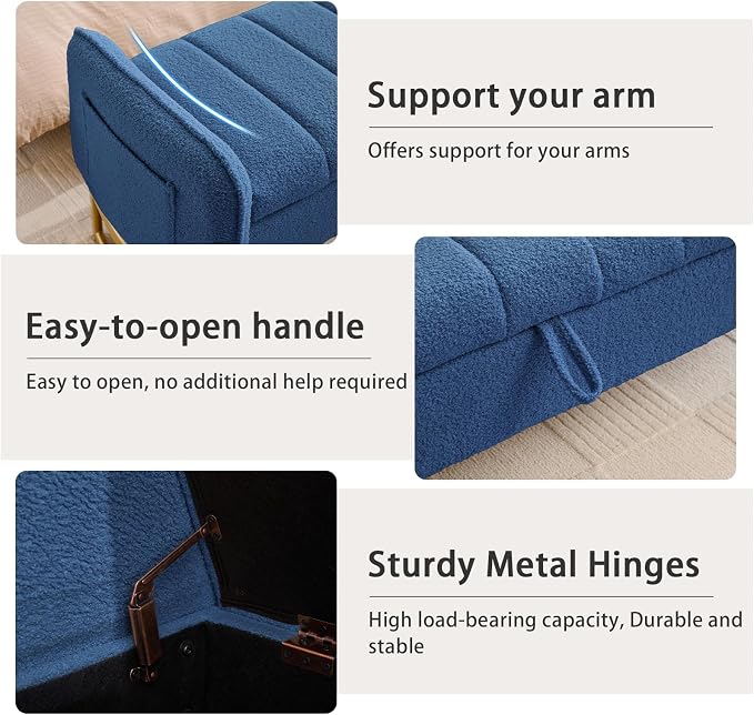 66'' King Size Storage Bench for Bedroom, Teddy Boucle End of Bed Benches for Foot of Bed, Storage Ottoman Bench with Golden Legs and Pockets for Living Room Window Entryway, Blue