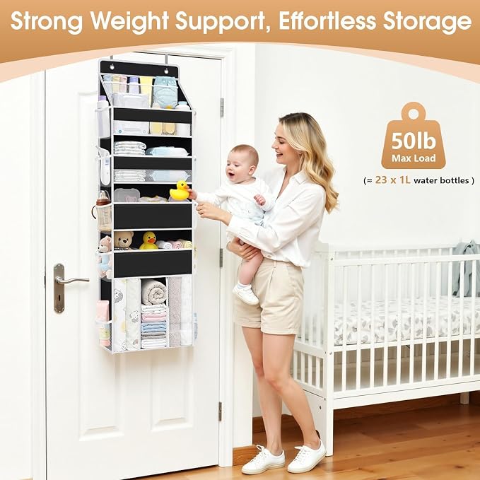 WISELIFE 5-Tier Over the Door Organizer for Nursery Hanging, Black | Multi-Pocket Back of Door Baby Organizer for Diapers, Clothes & Nursery Essentials, Heavy-Duty Large Capacity, 50 Lb Capacity