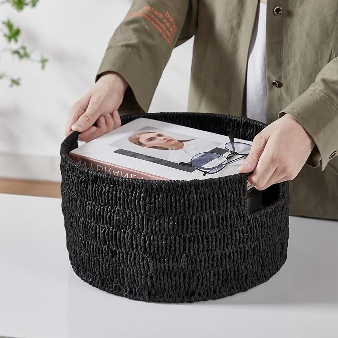 Wicker Storage Basket, Hand-Woven Paper Rope Large Round Woven Basket With Handles, Wicker Baskets for Organizing/Storage, Black, 3-Pack