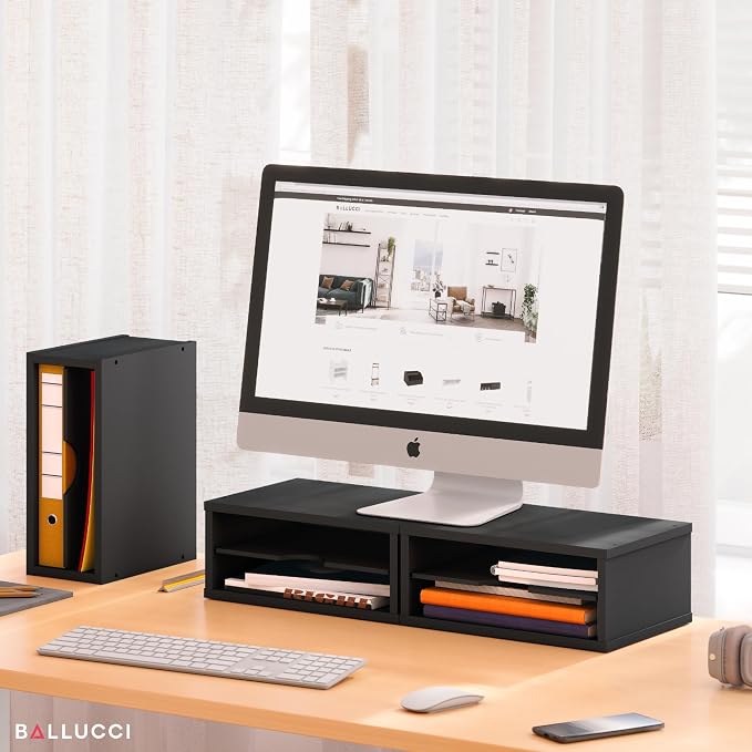 Ballucci File Organizer, 2-Tier Document Paper Sorter, Stackable Wood Desk Organizer Mail Holder, Monitor Stand with Storage Shelves, Black