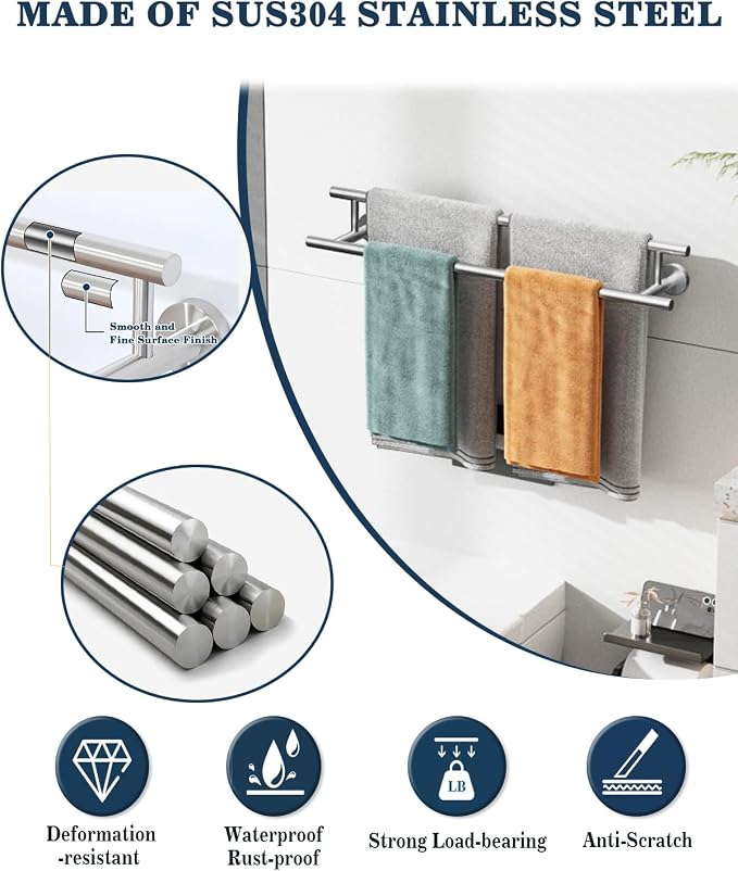 Alise Double Towel Bar,24" Towel Racks for Bathroom Wall Mounted,Nickel | Bathroom Towel Rack SUS304 Stainless Steel Bathroom Towel Holder Quick Drying Hand Towel Holder Towel Bar for Walls