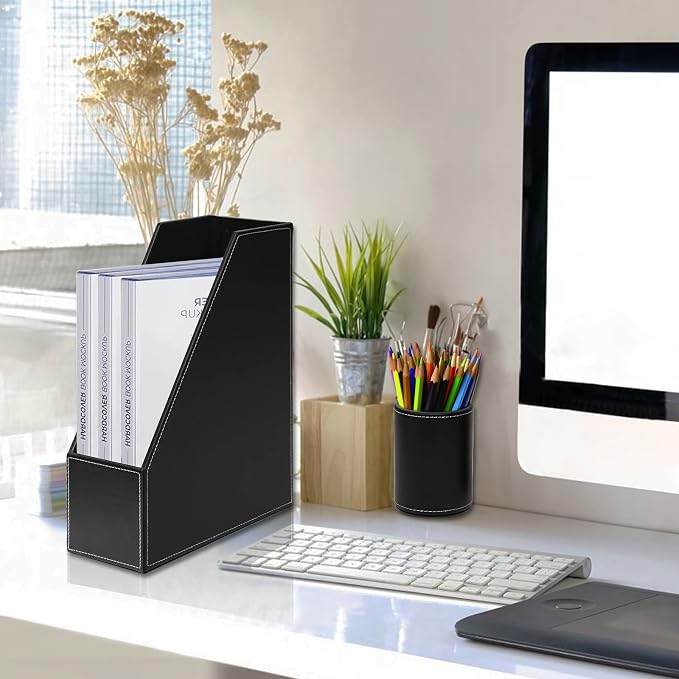 Office Supplies PU Leather 6-Piece Set Desk Organizer,Include Writing Pad,Letter Tray,file folder Sorter/Magazine Holder,Pen Cup,Note Holder,Business Card Holder,Man/Woman Office Gift,Black