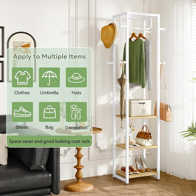 IBUYKE Freestanding Coat Rack,with 3 Shelves and 8 Hooks,Natural UTMJ088R | Metal Frame,Industrial Hall Tree,Clothes Stand for Entryway, Hallway, Bedroom,Office, Living Room