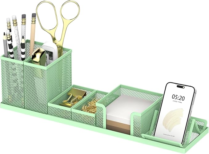 Pen Holder for Desk, 6-Piece Mesh Desk Organizer with Phone Holder, Green | 6-Piece Black Mesh Desk Set Includes Pen Cups, a Sticky Note Caddy and Phone Holder for Office, School, Home