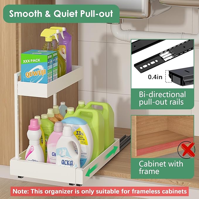 Expandable Under Sink Organizer with 6-Level Height Adjustment | Expandable Width, Pull-Out Cabinet Storage Rack with Quiet Sliding Rails for Kitchen, Bathroom, Laundry Room Cabinets, White