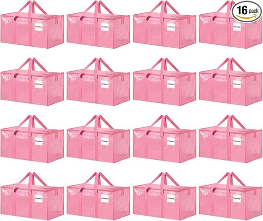 16 Pack Extra Large Clothes Storage Bins with Lids, Storage Bags with Reinforced Handles & Heavy-Duty Zippers, Moving Bags, Moving Boxes Totes for Clothes Packing, Dorms, College Supplies, Pink