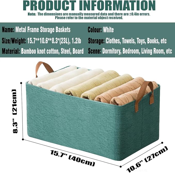 AARAINBOW 4 Pcs Closet Clothes Organizer with Handle, Fabric storage Box with Steel Frame Stackable Shelf Storage Baskets Foldable Storage Baskets for Organizing Clothes Jeans, 23L (4 Green)