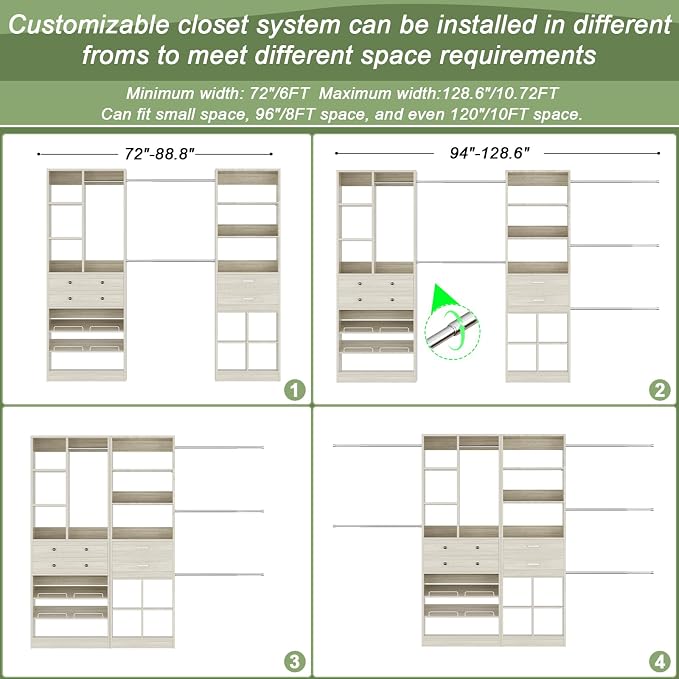 Besiost Closet System, Up to 128.6"/10.7 FT Closet Organizer with 4 Wooden Drawers and Shelves, Walk-in Closet System with 6 Hanging Rods, Built-in Closet Fit 96"/8FT, 120"/10FT, Greige Oak Set 2