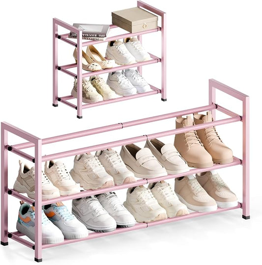 Bumusty 3 Tier Expandable Shoe Rack for Closet, Pink | 18"-33" Adjustable Shoe Rack for Entryway, Small Shoe Organizer for Dorm, Front Door, Sturdy Metal