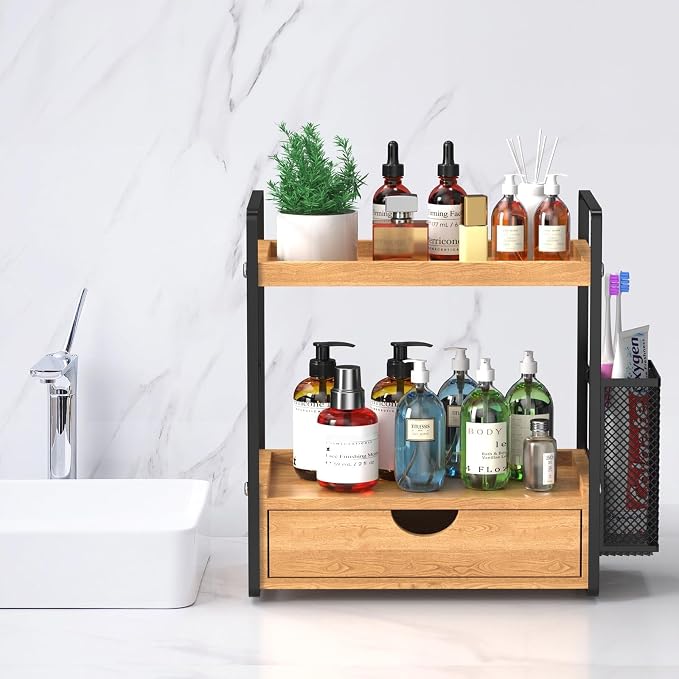 Bathroom Counter Organizer with Drawer and Basket,Wood Countertop Organizer for Bathroom Decor Makeup Tray for Perfume Skincare Bedroom Kitchen Corner