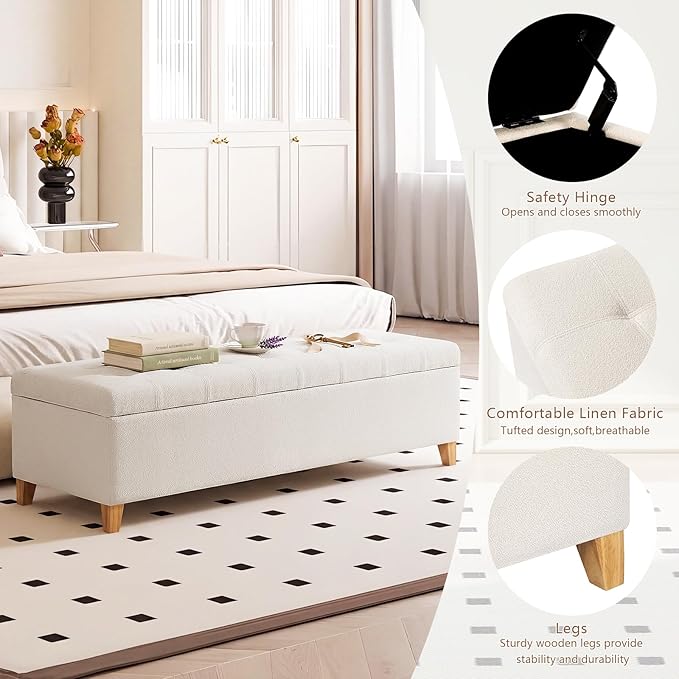Joveco Storage Ottoman Bench, 51" Linen Rectangle Long Bench, for Bedroom, End Foot of Bed, Living Room, Entryway, Beige