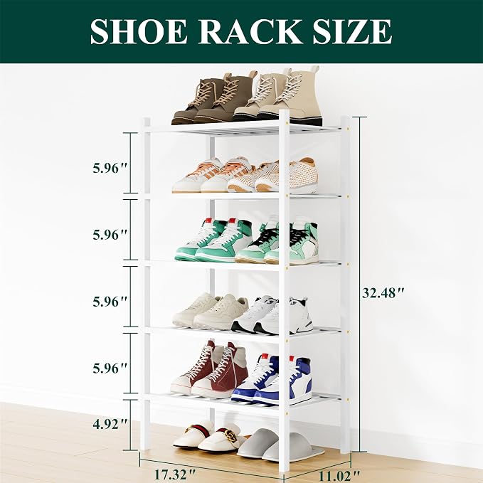 Smiry Bamboo Shoe Rack, 12 Vertical Slats, 5 Tier - 17.3" Wide, White | Stackable Free Standing Wooden Shoe Organizer, Wood Shoe Storage Shelf for Closet, Entryway
