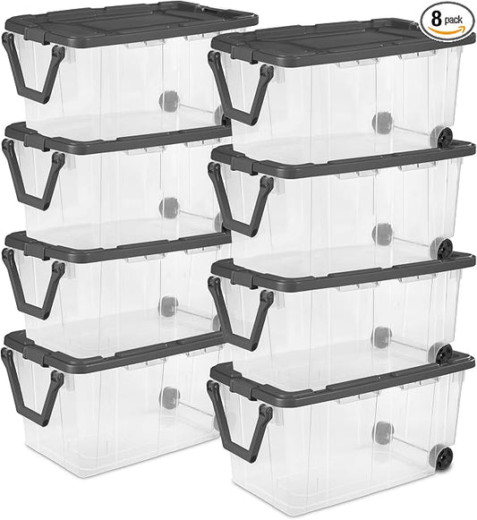 Sterilite 8-Pack Modular Stacker Box, Durable Clear Plastic Storage Bins with Latching Lids, 40 Quart - Stackable Organizing Container Boxes for Closet, Bathroom, and Office
