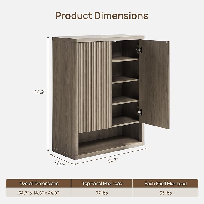 SICOTAS Shoe Cabinet 44 inch Tall Fluted Shoe Cabinet with Doors & 4 Shelves Wooden Large Hidden Shoe Storage Organizer Modern Free Standing 6-Tier Cabinet for Entryway Living Room Closet