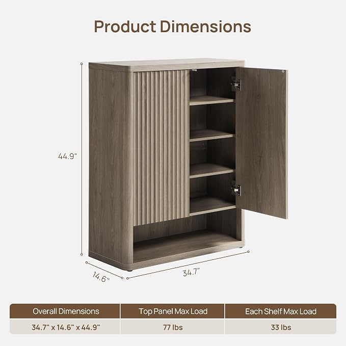 SICOTAS Shoe Cabinet 44 inch Tall Fluted Shoe Cabinet with Doors & 4 Shelves Wooden Large Hidden Shoe Storage Organizer Modern Free Standing 6-Tier Cabinet for Entryway Living Room Closet