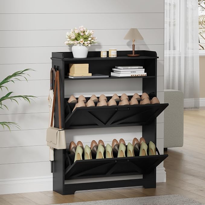 Farmhouse Shoe Cabinet Organizer with 2 Flip Drawers, 31.5" W Black | Freestanding shoe cabinet with flip drawers ,space-saving storage for foyer hallway,Adjustable Shelves & 2 Hooks