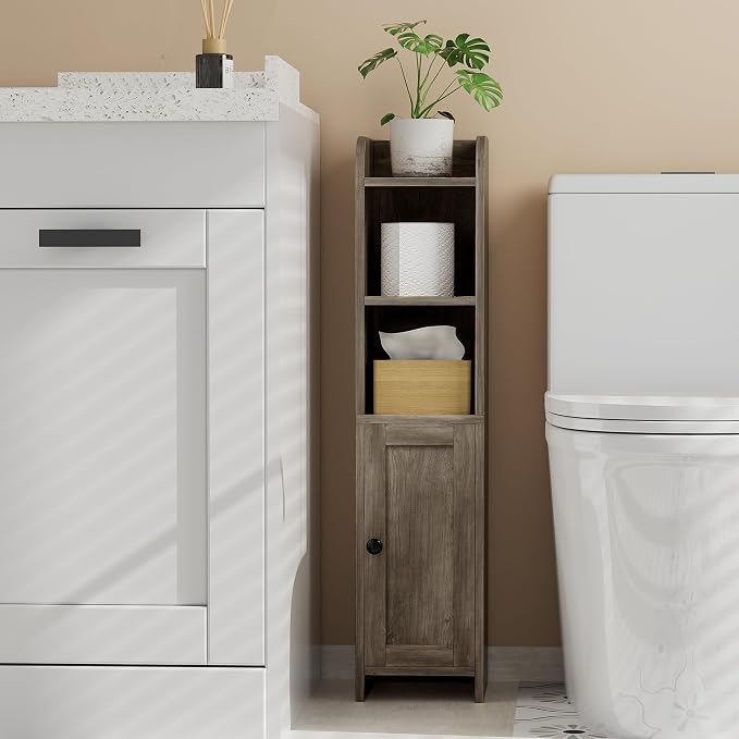 Homhedy Small Bathroom Storage Cabinet, Narrow Toilet Paper Cabinet | Corner Floor Cabinet with Door and Shelves, Slim Bathroom Cabinet for Small Spaces, 7.9" D x 7.1" W x 31" H, Greige
