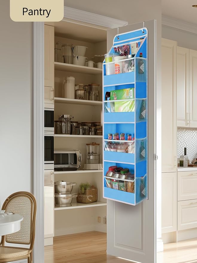 Yecaye 5 Tier Over the Door Organizer, Swing-proof Door Organizer Hanging with Clear PVC Windows, Behind the Door Storage for Bedroom Nursery Closet Laundry Pantry Bathroom, Blue