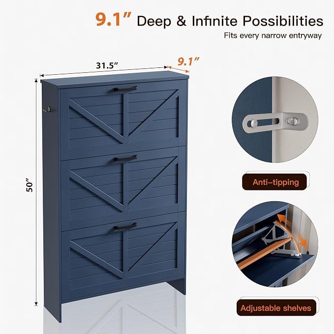 Shoe Cabinet for Entryway, 3 Flip Drawers Shoe Storage Cabinet with 3-Tier Adjustable Shelves, Ultra Slim Freestanding Hidden Shoe Organizer with Barn Door Design, Navy Blue