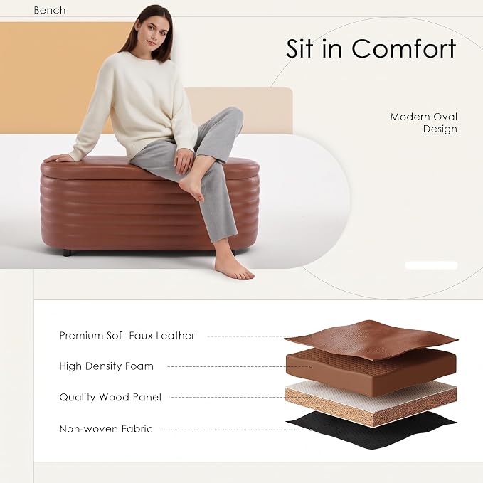 Storage Ottoman Bench Upholstered PU Leather End of Bed Stool with Safety Hinge for Bedroom, Living Room, Entryway (45.5-inch, Brown)