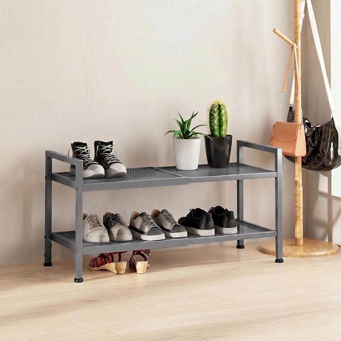 Shoe Rack, Expandable Shoe Rack for Closet, Adjustable Shoe Organizer for Entryway, Shoe Storage Organizer for Door Entrance, Garage, Bedroom (Grey, 2-Tier)