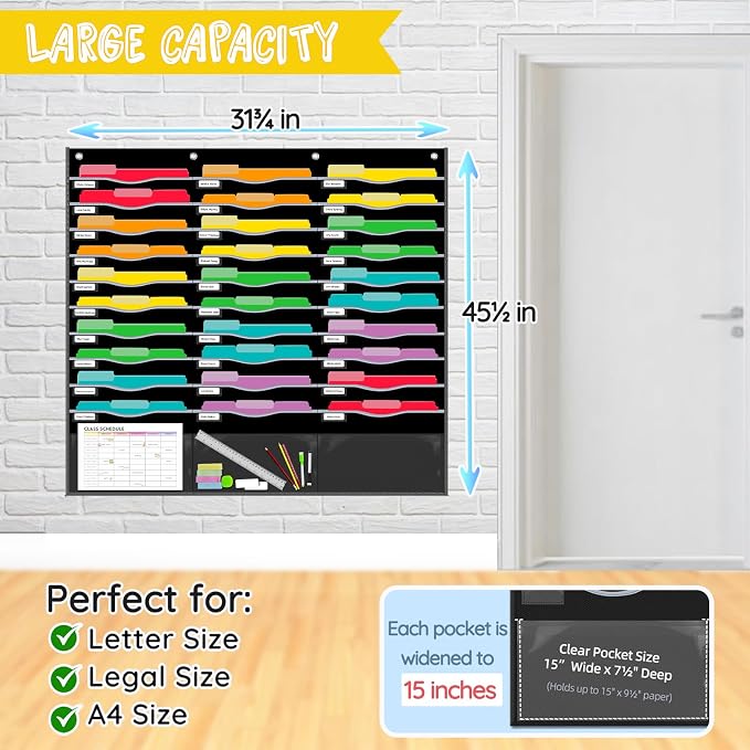 33 Pockets Hanging Wall File Organizer for Legal/ Letter Size Paper, Over the Door Organizer, 47½" x 45½" Pocket Chart for Classroom, Office, Warehouse, Home Use with 36 Name Tags & 8 Hooks