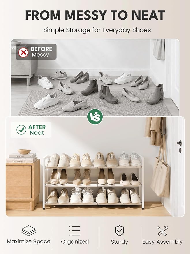 Bumusty 3 Tier Expandable Shoe Rack for Closet, White | 18"-33" Adjustable Shoe Rack for Entryway, Small Shoe Organizer for Dorm, Front Door, Sturdy Metal