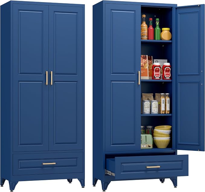 Polup 75" Metal Storage Cabinet, Tall Kitchen Pantry Cabinet with 1 Drawer | Blue Heavy-Duty Steel Cupboard, 2 Doors, 3 Adjustable Shelves, Magnetic Latch, Gold Handles, for Dining Living Room, Laundry
