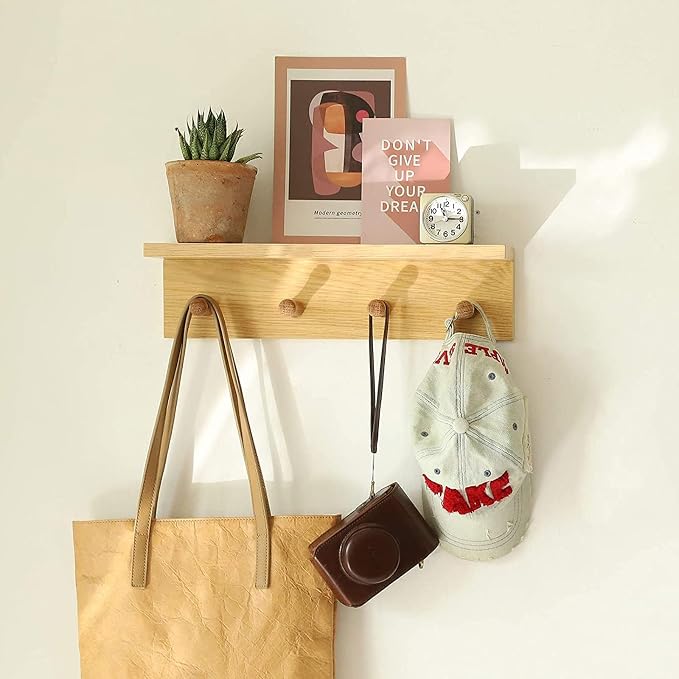 Entrance Coat Rack ，Coat Hooks, Wall-Mounted Wooden Hook Rack, Wall-Mounted Shelves(Oak Color Finish—A-2)