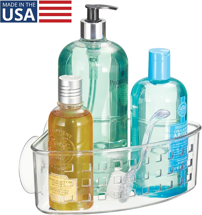 iDesign Plastic Suction Cup Corner Shower Basket, Clear | Bathroom Storage, Made in USA