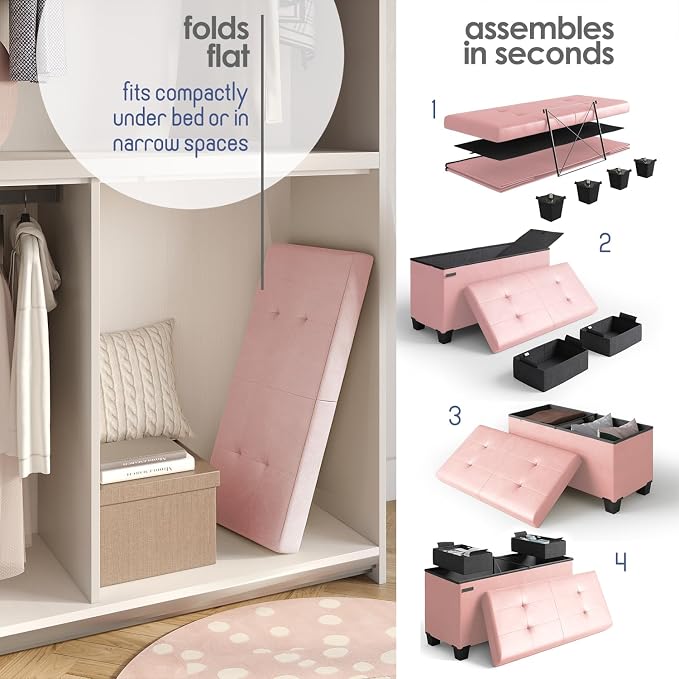 Storage Ottoman Bench with Bins, 30-in Storage Bench for Bedroom End of Bed, Folding Foot Rest Ottoman for Living Room Max 660lbs, Leather Ottomans, Pink