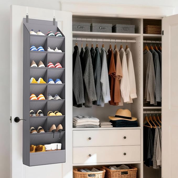 Lifewit 8 Tier Over the Door Shoe Organizer with 15 Large Deep Pockets, Fabric Hanging Shoes Shelf for Closet, Dorm Storage, Fit Up to 16 Pair Shoe Rack Holder for Sneakers, Boots, Gray