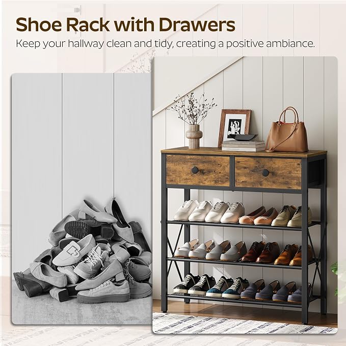 4 Tier Shoe Rack, Large Capacity Shoe Storage Organizer, Metal Shoe Shelf with Drawer and Wooden Top, for 16 Pairs of Shoes, for Entryway, Closet, Rustic Brown and Black SS24BR