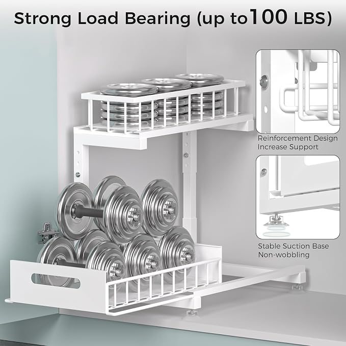 2-Pack L-Shaped Under Sink Organizer, 2-Tier Pull-out Cabinet Rack | White Height-Adjustable Metal Rack, Sliding Grid Drawers with Safety Stopper, Holds 100 Lbs, Ideal Kitchen Cabinet Storage