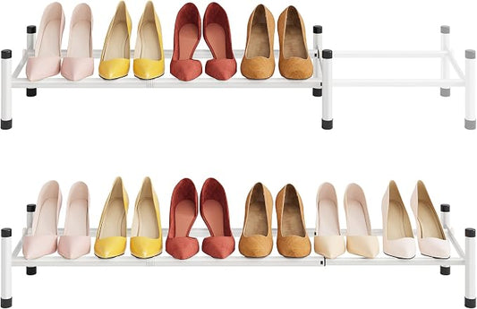 Expandable Shoe Rack for Closet 1 Tier, 28“-41“Stackable, White | Adjustable Shoe Organizer Closet Shoe Rack Floor, Metal Low Shoe Shelf Storage Entryway, Garage, Closet, Front Door Entrance