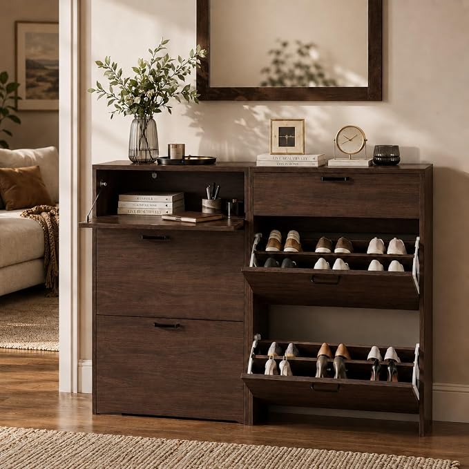 VINGLI Set of 2 Shoe Cabinets Storage for Entryway,2-Pack,Walnut | 16–24 Pairs,Skirting Board Cutout,Drop-Down Drawer,9.4"D Slim,Modern,2 Flip Drawers,Adjustable & Removable Shelf