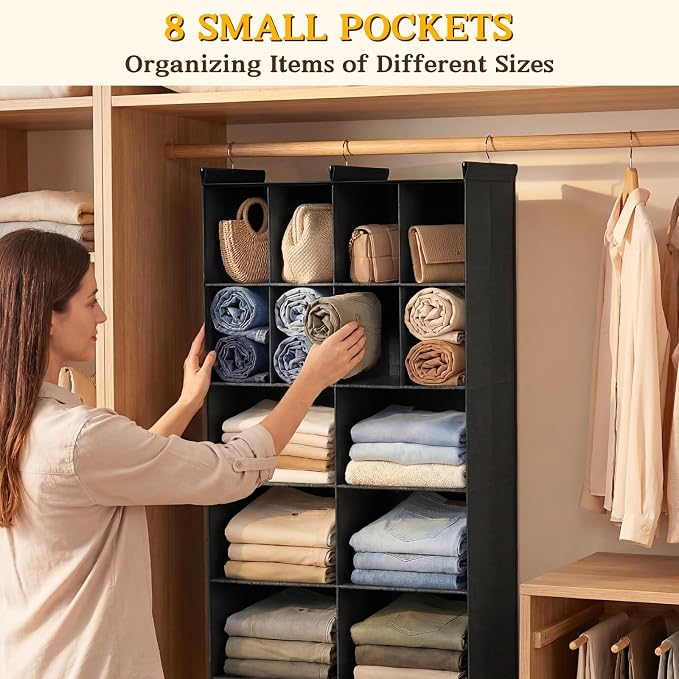 5 Tier Hanging Closet Organizer, 14 Compartments Dual Row Storage, Black | Closet Organizers and Storage with Large & Small Pockets, 3 Sturdy Hooks Support Heavy Loads, Ideal for Dorm, Garment Rack