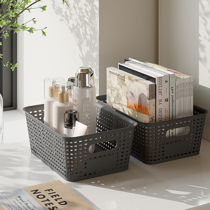Resze 6 Pack Plastic Breathable Storage Baskets with Lids, Gray | Organizer Bins& Containers for Pantry, Desktops, Cabinet, Closet, Offices Organization Toys, Space Saving, Easy-Carry Handles