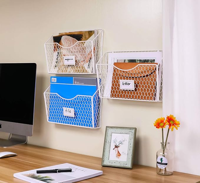 3 Pockets Hanging File Holder Wall Mount Mail Organizer Metal Chicken Wire Magazine Rack with Tag Slot, White
