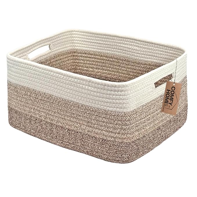 COMFY-HOMI Cotton Rope Woven Basket with Handles for Shelves,Toys,Book, Cloth Storage Baskets Bin for Organizing- 1 PCSToy Decorative Organizer for Living Room, Bathroom 17" x 13" x 7.5"