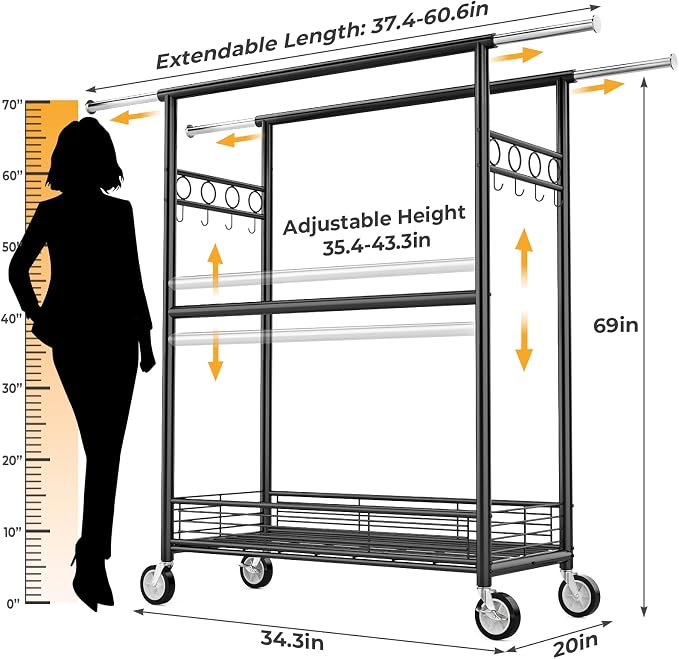 Heavy Duty Clothes Rack Load 960LBS, Three Rods Rolling Clothing Racks for Hanging Clothes, Rolling Garment Rack With Sturdy Wheels Shelves Hooks, Portable & Adjustable Commercial Garment Rack, Black