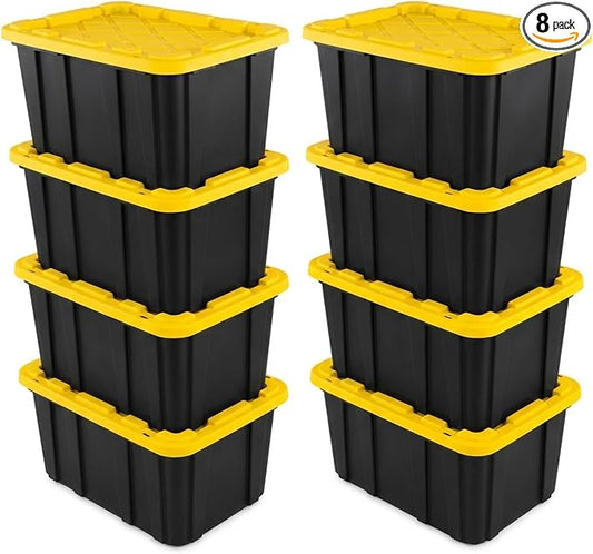 Sterilite Industrial Storage Tote with Lids for Garage, 27 Gallon, 8-Pack | Heavy-Duty and Stackable Utility Box Containers for Home, Office, and Basement Organization, Black/Yellow