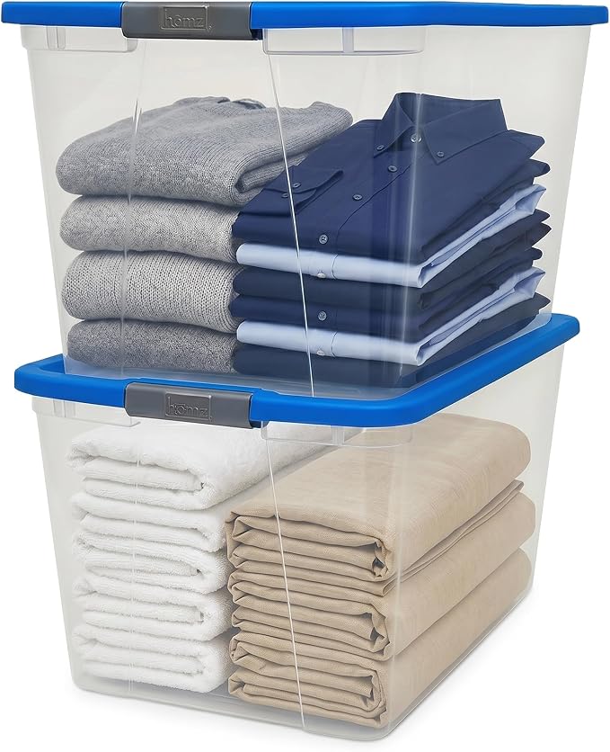 HOMZ Clear Plastic Storage Bin with Secure Latching Blue Lid, 64 Qt, 2 Pack | Heavy-Duty Stackable Containers, Large Organizer Box for Homes, Offices, and Garages