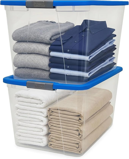 HOMZ Clear Plastic Storage Bin with Secure Latching Blue Lid, 64 Qt, 2 Pack | Heavy-Duty Stackable Containers, Large Organizer Box for Homes, Offices, and Garages